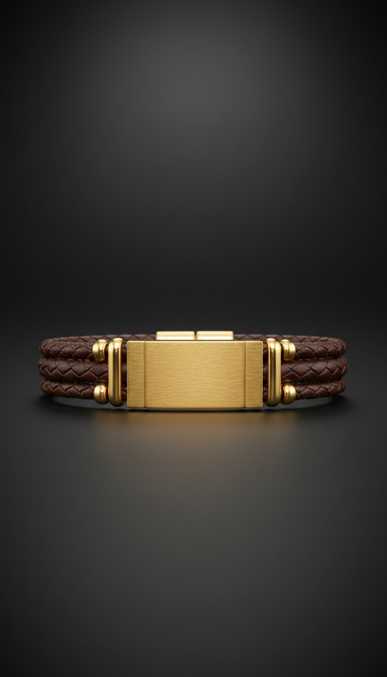 pulsera masculina de cuero con detalle dorado