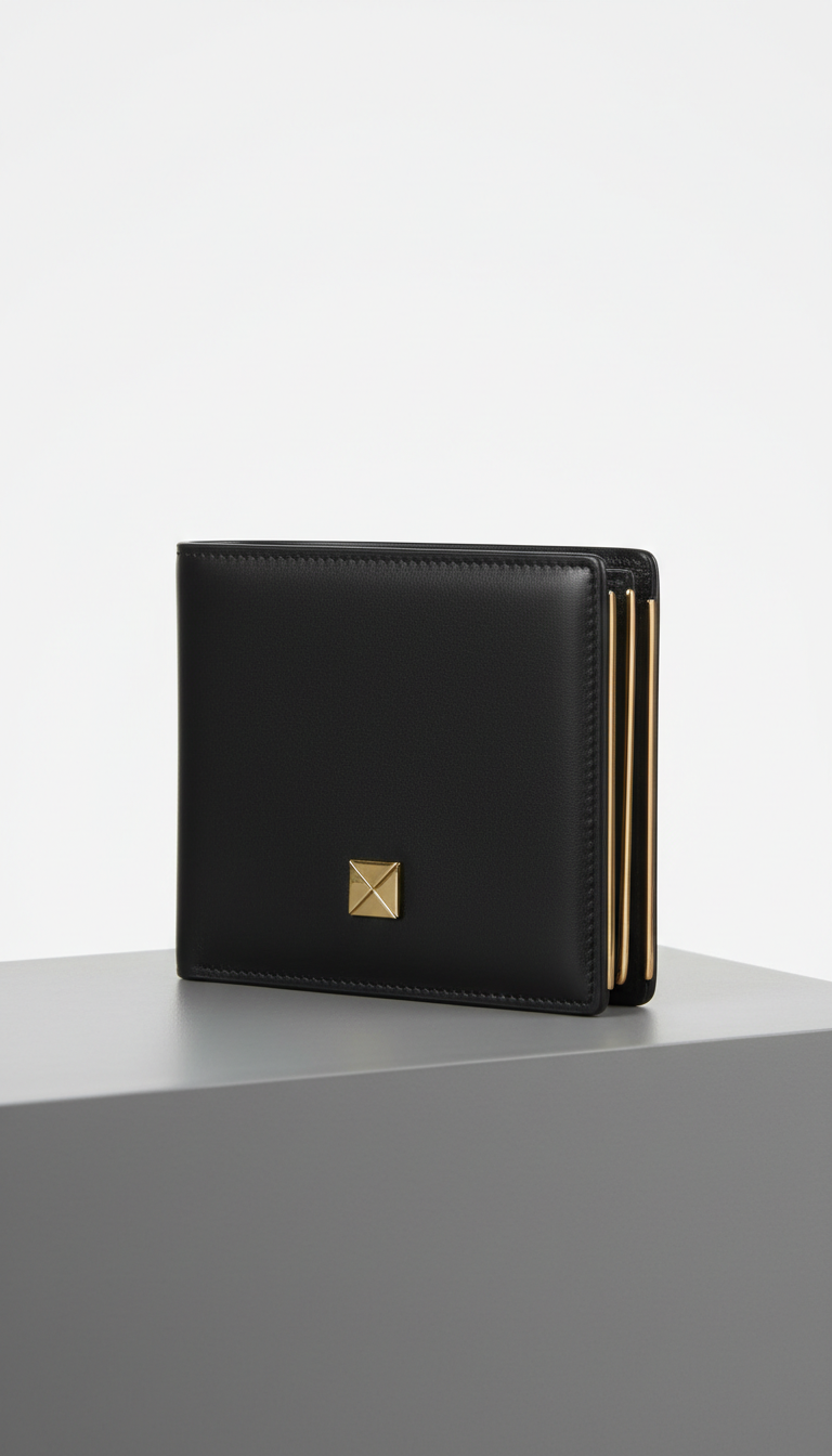 Billetera de cuero negro con detalle dorado