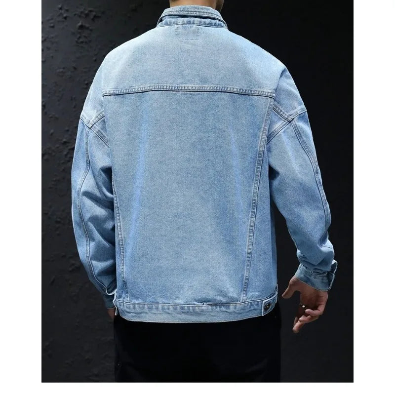 Men's Classic Turtleneck Denim Shirt, Dark Washed Denim Fabric, Double Chest Pocket Workwear Jacket, Casual and Versatile Jacket