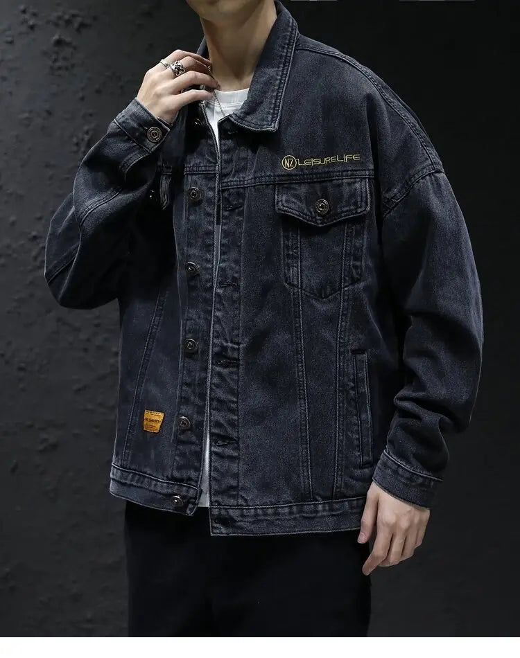 Men's Classic Turtleneck Denim Shirt, Dark Washed Denim Fabric, Double Chest Pocket Workwear Jacket, Casual and Versatile Jacket