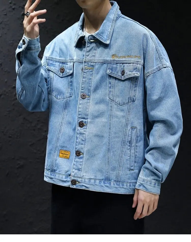 Men's Classic Turtleneck Denim Shirt, Dark Washed Denim Fabric, Double Chest Pocket Workwear Jacket, Casual and Versatile Jacket
