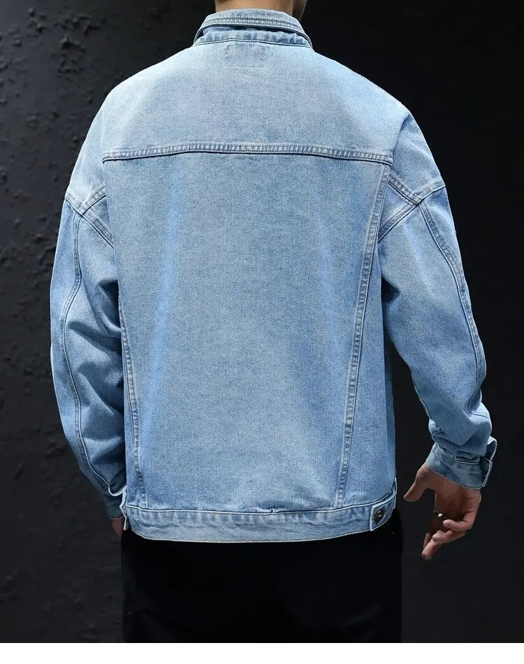 Men's Classic Turtleneck Denim Shirt, Dark Washed Denim Fabric, Double Chest Pocket Workwear Jacket, Casual and Versatile Jacket