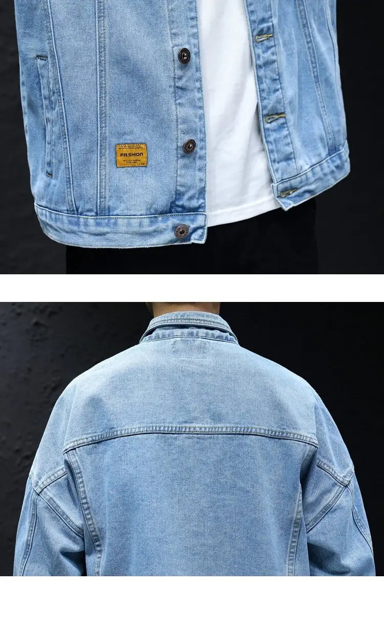Men's Classic Turtleneck Denim Shirt, Dark Washed Denim Fabric, Double Chest Pocket Workwear Jacket, Casual and Versatile Jacket