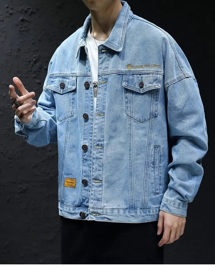 Men's Classic Turtleneck Denim Shirt, Dark Washed Denim Fabric, Double Chest Pocket Workwear Jacket, Casual and Versatile Jacket