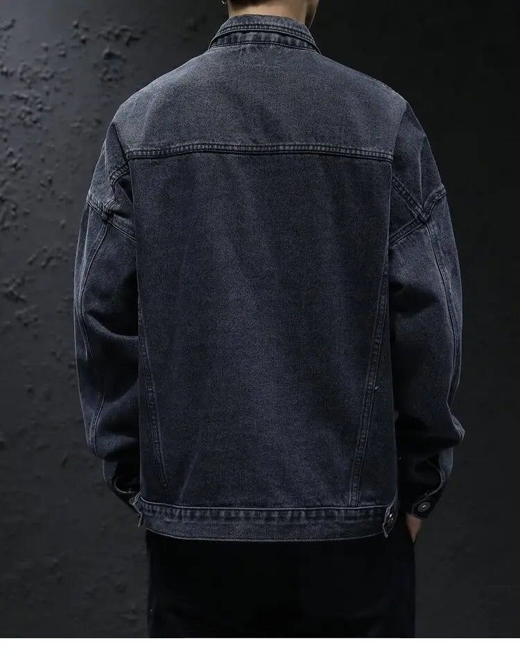 Men's Classic Turtleneck Denim Shirt, Dark Washed Denim Fabric, Double Chest Pocket Workwear Jacket, Casual and Versatile Jacket