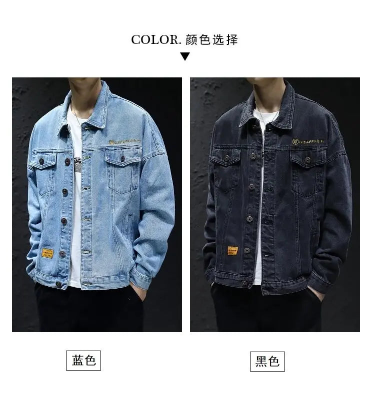 Men's Classic Turtleneck Denim Shirt, Dark Washed Denim Fabric, Double Chest Pocket Workwear Jacket, Casual and Versatile Jacket