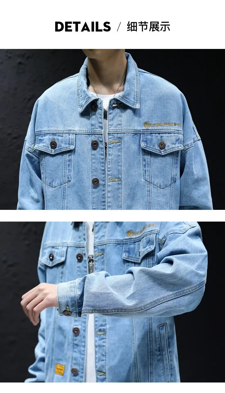 Men's Classic Turtleneck Denim Shirt, Dark Washed Denim Fabric, Double Chest Pocket Workwear Jacket, Casual and Versatile Jacket