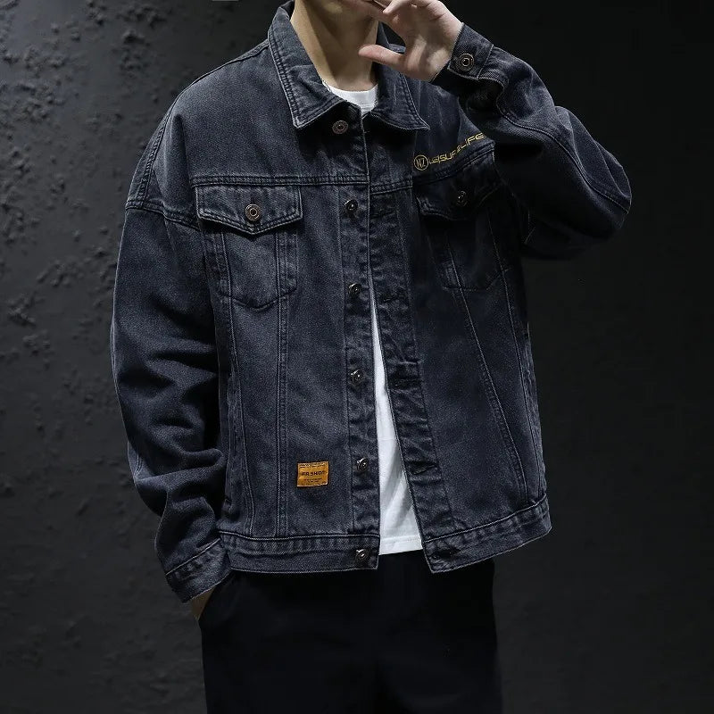Men's Classic Turtleneck Denim Shirt, Dark Washed Denim Fabric, Double Chest Pocket Workwear Jacket, Casual and Versatile Jacket