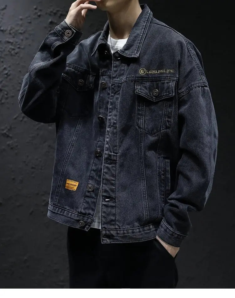 Men's Classic Turtleneck Denim Shirt, Dark Washed Denim Fabric, Double Chest Pocket Workwear Jacket, Casual and Versatile Jacket