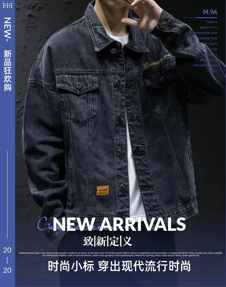 Men's Classic Turtleneck Denim Shirt, Dark Washed Denim Fabric, Double Chest Pocket Workwear Jacket, Casual and Versatile Jacket