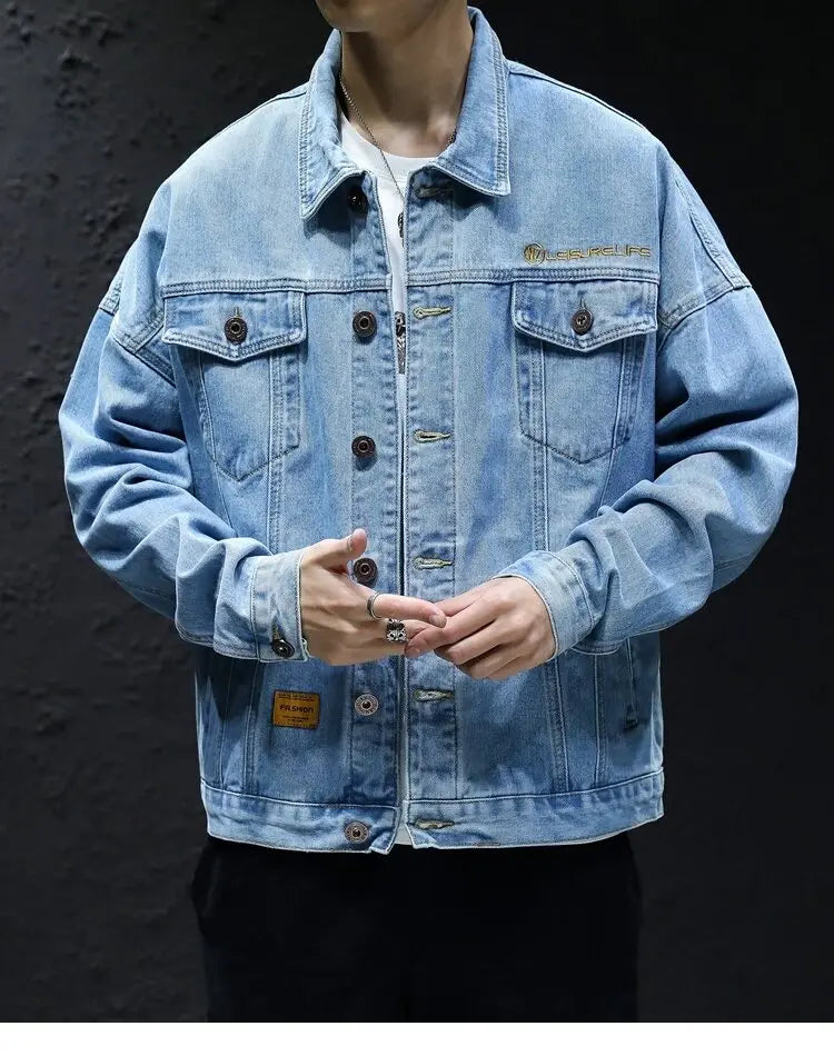 Men's Classic Turtleneck Denim Shirt, Dark Washed Denim Fabric, Double Chest Pocket Workwear Jacket, Casual and Versatile Jacket