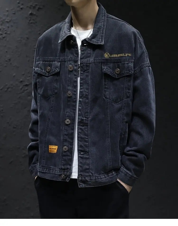 Men's Classic Turtleneck Denim Shirt, Dark Washed Denim Fabric, Double Chest Pocket Workwear Jacket, Casual and Versatile Jacket