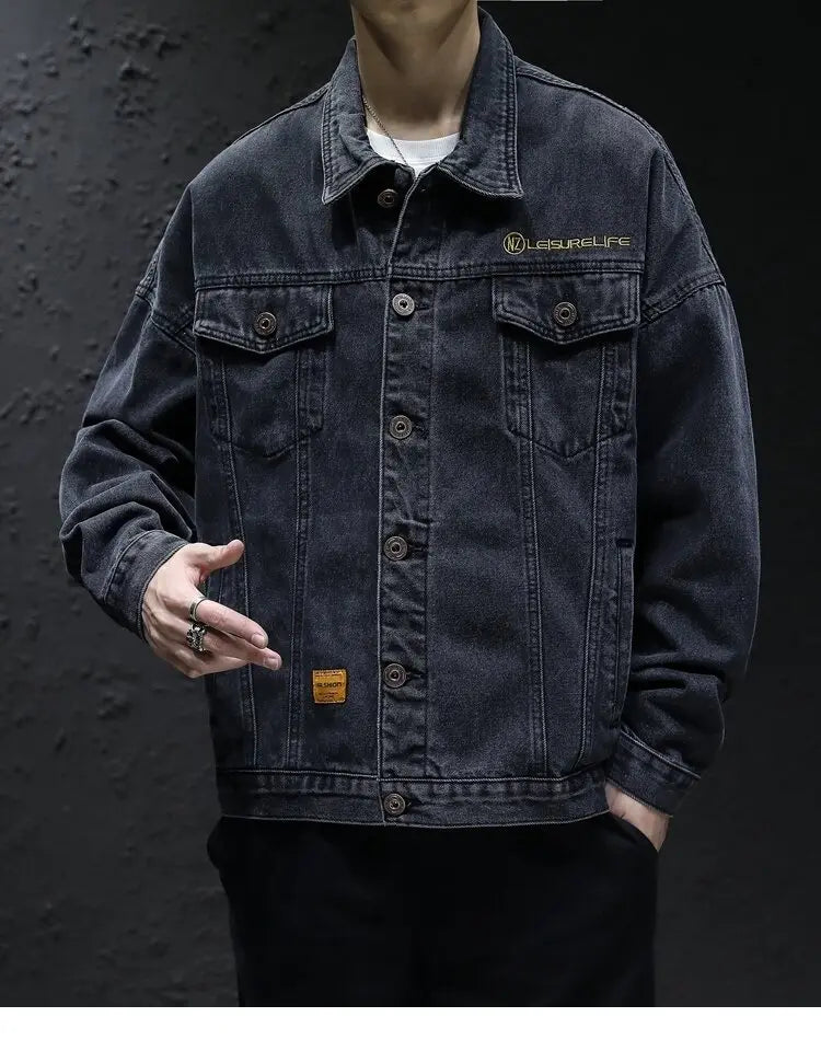 Men's Classic Turtleneck Denim Shirt, Dark Washed Denim Fabric, Double Chest Pocket Workwear Jacket, Casual and Versatile Jacket