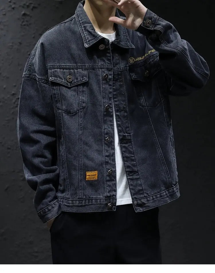 Men's Classic Turtleneck Denim Shirt, Dark Washed Denim Fabric, Double Chest Pocket Workwear Jacket, Casual and Versatile Jacket