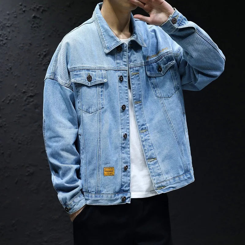 Men's Classic Turtleneck Denim Shirt, Dark Washed Denim Fabric, Double Chest Pocket Workwear Jacket, Casual and Versatile Jacket