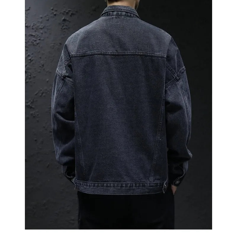 Men's Classic Turtleneck Denim Shirt, Dark Washed Denim Fabric, Double Chest Pocket Workwear Jacket, Casual and Versatile Jacket