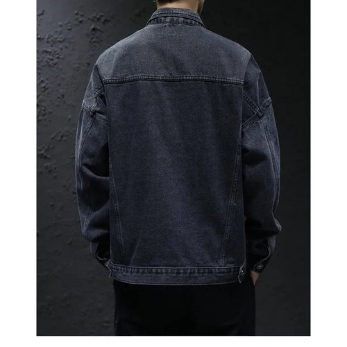 Men's Classic Turtleneck Denim Shirt, Dark Washed Denim Fabric, Double Chest Pocket Workwear Jacket, Casual and Versatile Jacket