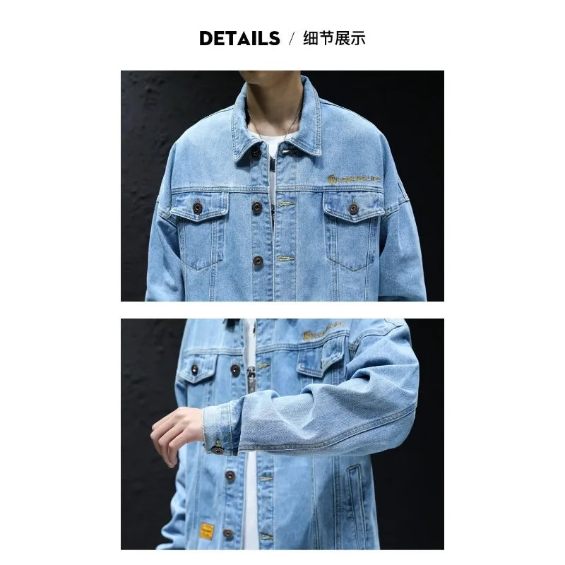 Men's Classic Turtleneck Denim Shirt, Dark Washed Denim Fabric, Double Chest Pocket Workwear Jacket, Casual and Versatile Jacket