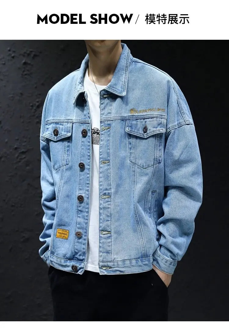 Men's Classic Turtleneck Denim Shirt, Dark Washed Denim Fabric, Double Chest Pocket Workwear Jacket, Casual and Versatile Jacket