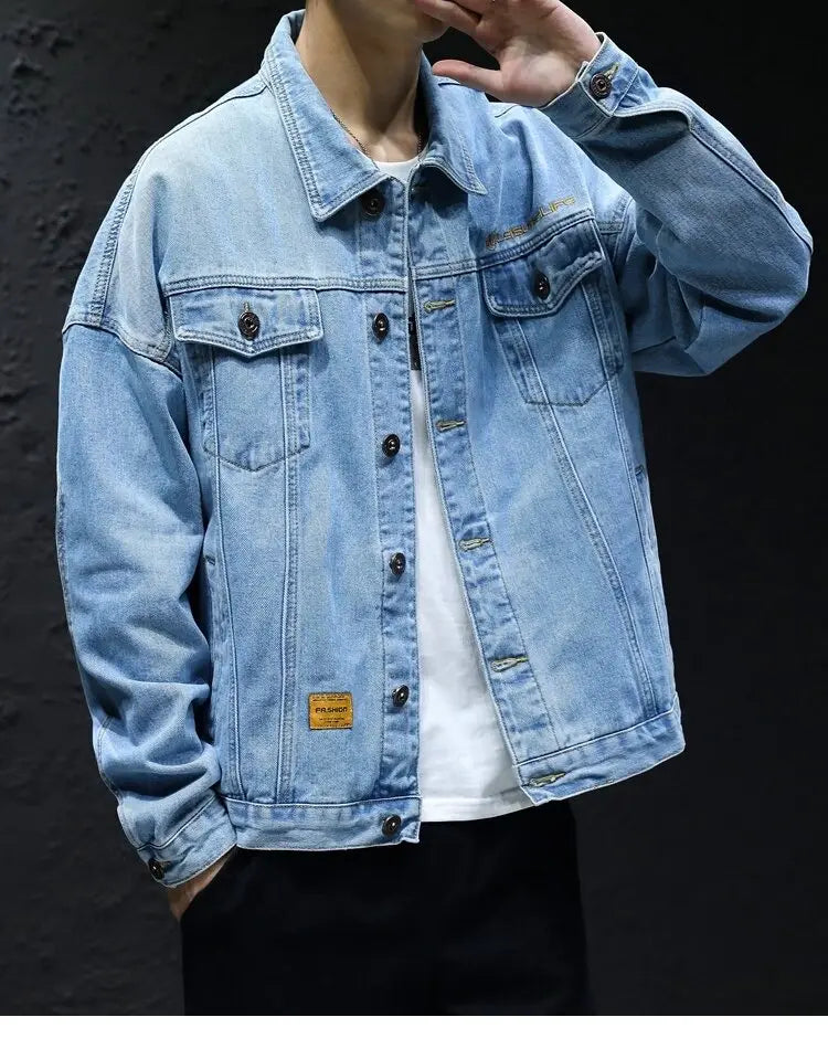 Men's Classic Turtleneck Denim Shirt, Dark Washed Denim Fabric, Double Chest Pocket Workwear Jacket, Casual and Versatile Jacket
