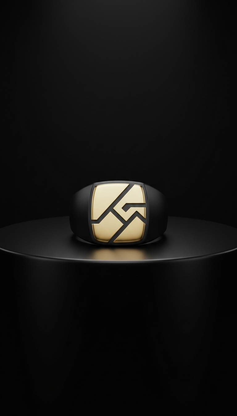 Anillo sello negro mate con incrustación dorada